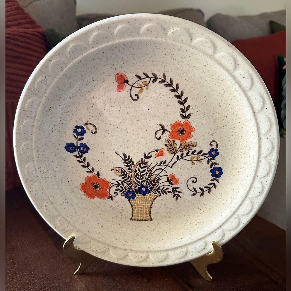 Mid Century Country Farmhouse Speckled Stoneware Eathernware Floral Plate